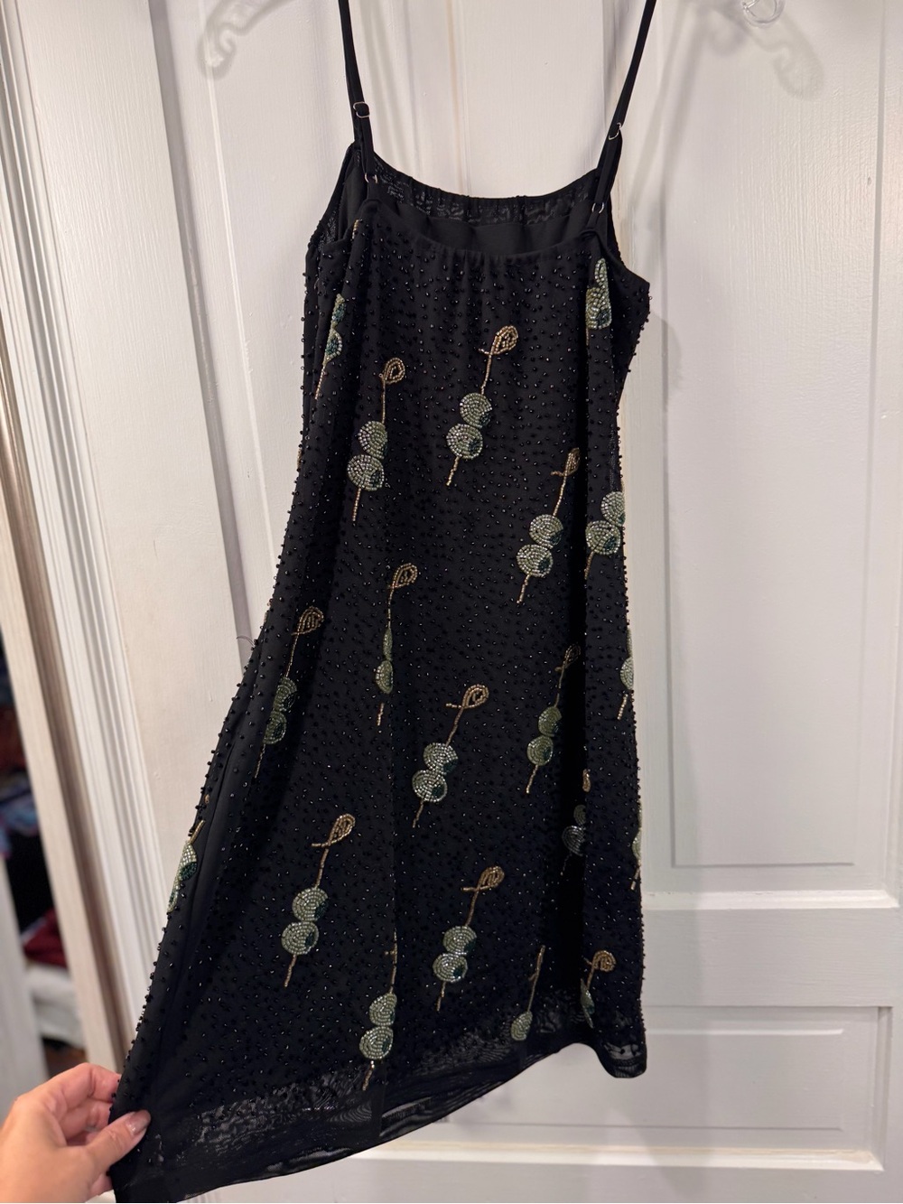 Bloomingdale's Black Beaded Mini Dress with Green and Gold Embroidery - Picture 4 of 7